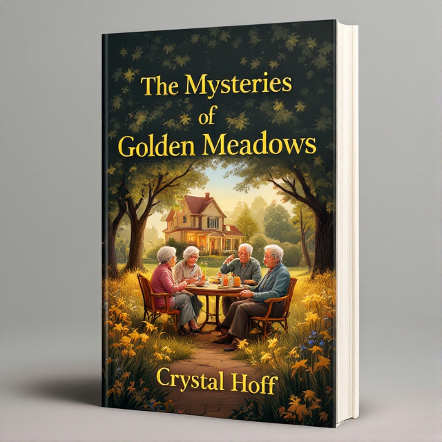 The cover features an illustration of a cozy nursing home surrounded by golden meadows. In the foreground, there are four elderly characters sitting together, engaged in conversation and solving mysteries. The image is warm and inviting, with a touch of intrigue.
