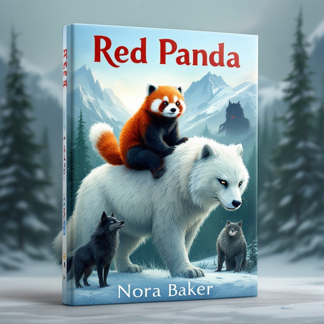 A red panda is riding on the back of a large snow cat, flanked by a kind-looking black wolf and a bold gray wolf. Behind them are snow-capped mountains and a green forest, with the shadow of a large and mysterious creature lurking in the woods.