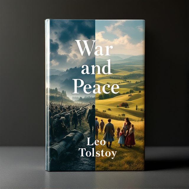The cover design features a dual scene with the left side showcasing soldiers in battle, depicted by a silhouette of soldiers charging forward with artillery in the background. The right side depicts serene countryside landscapes with rolling hills and a family gathering. The book title "War and Peace" is centered, connecting the two scenes and creating a striking contrast.