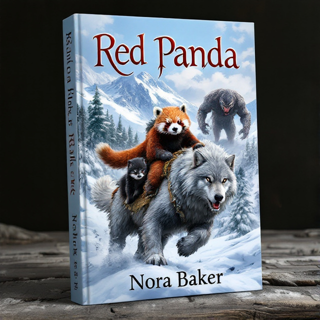 The cover features a red panda riding on a large snow cat, with a kind-looking black wolf pup on one side and a bold gray adult wolf on the other. Behind them are snow-capped mountains and a snowy forest. In the forest, a large and menacing creature lurks.