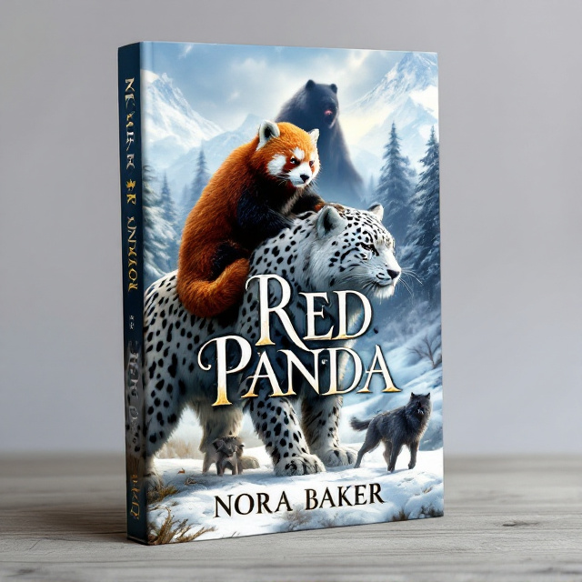 The cover features a striking image of a red panda riding a majestic snow leopard, with a black wolf pup and a grey adult wolf flanking them. The background showcases a snow-capped mountain range and a snowy forest. In the distance, the silhouette of a menacing bear-like creature lurks, adding an element of danger and adventure.