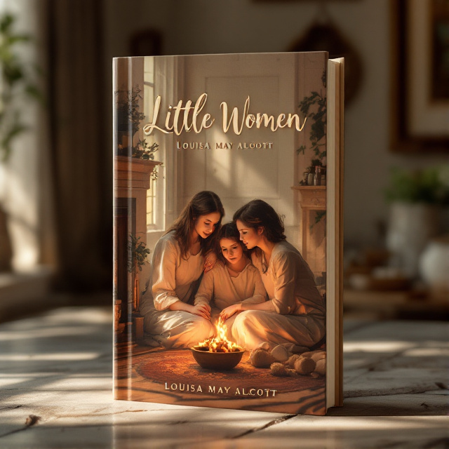 The cover features a warm scene of the four sisters sitting together around a cozy fireplace, with sunlight streaming through the window. The background showcases a beautifully decorated room, creating a sense of warmth and unity.