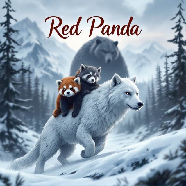 A young red panda and black wolf pup are riding a majestic snow cat, flanked by an adult gray wolf. Behind them are snow-capped mountains and a snowy forest. In the forest, a large and menacing bear-like silhouette lurks.
