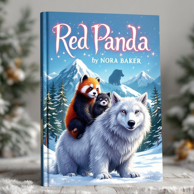 A red panda and black wolf pup are riding a fluffy snow cat, flanked by an adult gray wolf. Behind them are snow-capped mountains and a snowy pine forest. A menacing bear silhouette lurks in the forest. The overall style is illustrated with vibrant colors and a touch of whimsy.