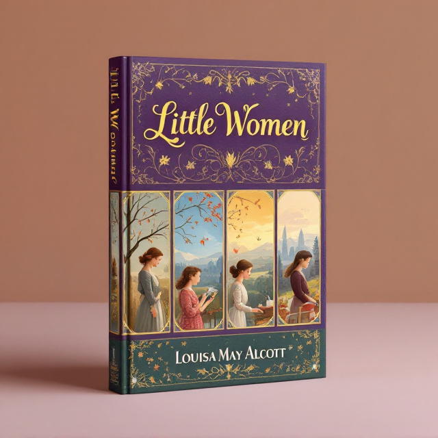 The cover features a timeline-style scene, with four panels representing the four sisters at different stages of their lives. Each panel showcases the sisters engaged in various activities that depict their growth, challenges, and pursuit of dreams. The background transitions from spring to summer, fall, and finally winter, symbolizing the passage of time and the sisters' journey. The color scheme of purple, gold, and green adds a touch of elegance and vibrancy to the cover.