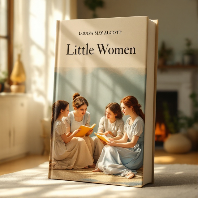 The cover features a cozy indoor scene with the four sisters sitting around a fireplace. They are engaged in a lively conversation, sharing stories or discussing their dreams. The warm beige and light blue colors create a serene and inviting atmosphere. Sunlight streams through the window, adding a touch of brightness to the scene.