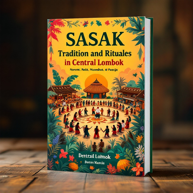 The cover features a central image of a traditional Sasak ngapung ceremony, with villagers forming a circle and performing the ritual dance. Surrounding the image are smaller illustrations of ngorek, nede, ngumbuq, and warige, representing other important rituals and traditions. The overall visual style is vibrant and colorful, capturing the spirit and energy of Sasak culture.