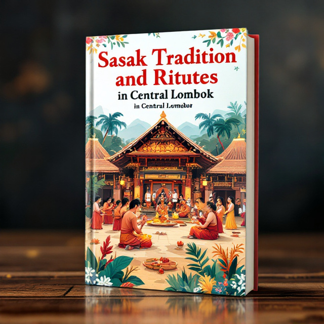 The cover features a central image of a traditional Sasak Ngapung ceremony, with participants in traditional attire and performing the ritual. The image is surrounded by smaller illustrations of the Ngorek, Nede, Ngumbuq, and Warige rituals. The overall style is vibrant and colorful, capturing the energy and spirit of the Sasak traditions.