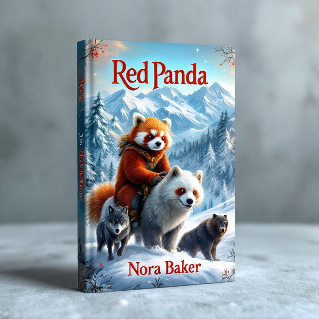 The cover features a majestic snow-capped mountain range in the background, with a vast snowy forest stretching out beneath it. In the foreground, a red panda is riding a fluffy snow cat, flanked by a young black wolf and a grey wolf. A menacing silhouette of a bear lurks in the shadows of the forest.