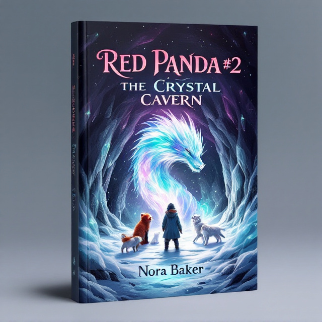 The cover features a dark gray background with swirling pink and blue mist. In the center, a snow-covered cave is depicted, with shimmering crystals lining the walls. A red panda, a snow cat, and two wolves are seen exploring the cave, their fur glistening with frost. Standing in front of them is a majestic crystal dragon, its scales reflecting various shades of green.
