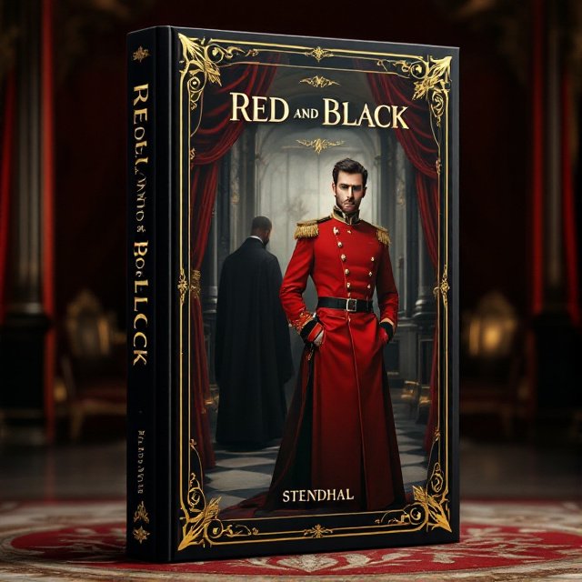 The cover features Julien Sorel in a red military uniform standing in a luxurious estate, surrounded by opulent gold accents. Behind him, we see a shadowy figure of a black priest's cassock, symbolizing the inner conflict he faces. The background showcases intertwined red and black elements, representing the social class conflict he navigates.