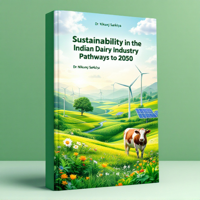 The cover features a vibrant and lush green landscape with a dairy farm in the background. In the foreground, a happy cow is grazing, symbolizing sustainable dairy practices. Renewable energy sources like wind turbines and solar panels are prominent elements, representing the book's focus on reducing carbon emissions. A thought bubble with intervention ideas and policies hovers above, emphasizing the theme of learning and generating new ideas for a sustainable future.