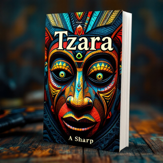 The cover features a close-up view of an African colorful tribe wooden mask in the foreground, with a faded image of a gun in the background. The mask is vibrant, with intricate patterns and details, while the gun is slightly blurred, creating a sense of mystery and danger.