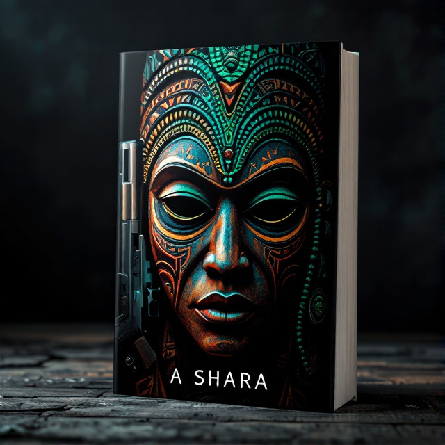 The cover features a close-up of an African tribe wooden mask, with intricate carvings and vibrant colors. The mask is juxtaposed with a sleek, modern gun that is partially concealed behind it. The background is a dark and mysterious setting, with shadows and dim lighting.