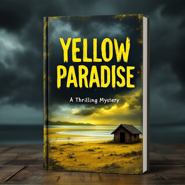 The cover features a deserted yellow beach with dark storm clouds brewing overhead. In the foreground, there is a small abandoned cabin covered in shadows, adding a mysterious element to the scene. The color palette is mainly yellow and dark gray, creating a sense of suspense and intrigue.