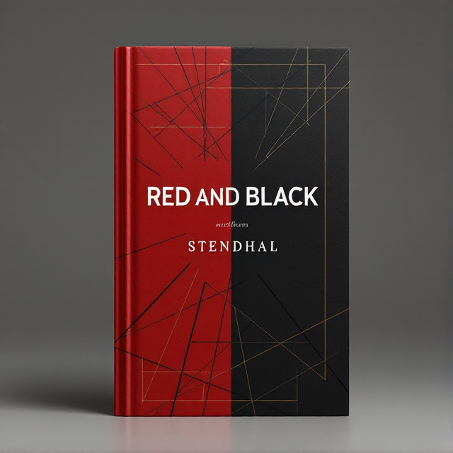 The cover is divided into two halves, with a deep red on the left and a solid black on the right. An abstract pattern of intersecting lines and geometric shapes is overlaid on the background, adding complexity and symbolizing the opposition and conflicts in the story. In the center, the book title "Red and Black" is prominently displayed in white, standing out against the dark colors.