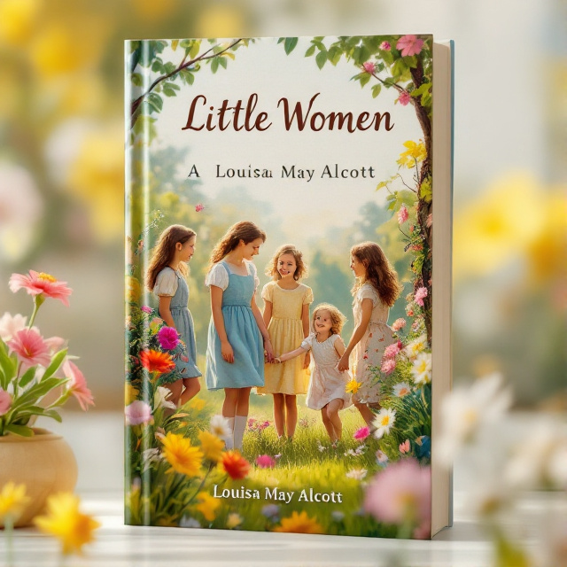 The cover features a vibrant spring scene with four sisters playing joyfully in a sunny garden. The background is filled with blooming flowers and lush greenery, creating a sense of growth and new beginnings.