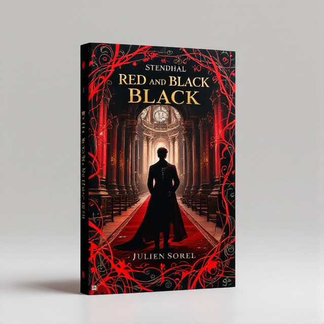 The cover features a dramatic scene of Julien Sorel standing in a grand church, surrounded by opulent decorations. He is wearing aristocratic attire, with a conflicted expression on his face. The background is a blend of intertwining red and black elements, symbolizing his inner struggle.