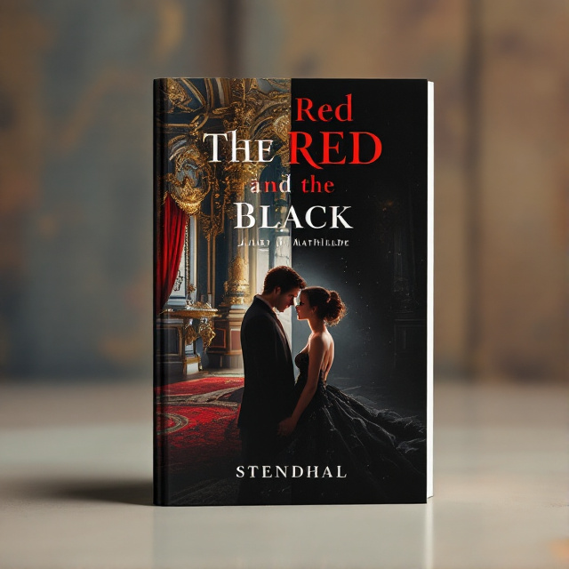 The cover features a contrasting scene, with the left side depicting a lavish hall adorned with opulent decorations in gold and red, symbolizing power and allure. On the right side, dim shadows and black elements represent the inner struggles and complexities of love. In the center, Julien and Mathilde gaze at each other, their connection palpable amidst the contrasting elements.