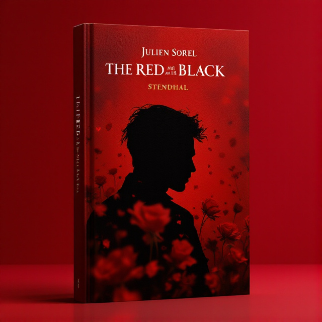 A black silhouette of Julien Sorel in the center, depicted in a moment of inner struggle, with blurred red elements (like red roses or flames) surrounding him, against a deep red background. The silhouette highlights Julien's contours and expressions, while the red elements add an artistic and emotional touch.