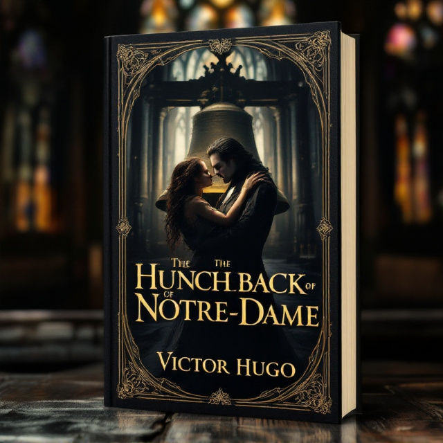 The cover features a close-up of Quasimodo holding Esmeralda in his arms, with the iconic Notre-Dame Cathedral as the backdrop. The image is bathed in dim, stained-glass light, creating a somber and atmospheric mood. A large bell is positioned in the background, symbolizing Quasimodo's connection to the cathedral and his role as the bell-ringer.