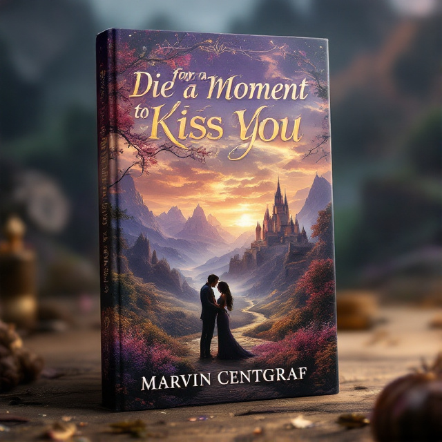 The cover features a sweeping landscape of a magical realm, with a castle in the distance. In the foreground, two figures are locked in a passionate embrace, symbolizing the romantic element of the story. The colors are vibrant, with hints of gold and purple to evoke an epic feel.