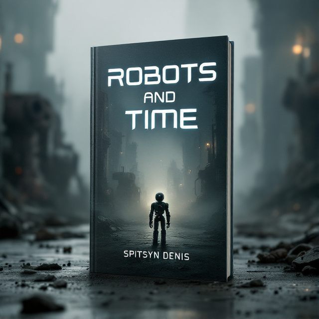 The book cover features a small, slightly worn robot standing in the foreground, looking into the distance. The robot is illuminated, creating a contrast with the dark and gloomy background. The background depicts a foggy and abandoned city, with rusted machines and destroyed buildings. Faint, flickering lights can be seen in the distance, adding a sense of mystery.