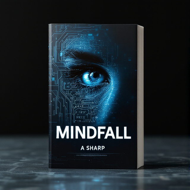 The cover features a dark and mysterious background with a close-up image of a person's eye. The eye is partially covered with an intricate circuitry pattern, giving a sense of technology and intrigue. The title "Mindfall" is prominently displayed in bold, futuristic lettering, and the author's name "A Sharp" is placed below in a sleek and minimalist font.