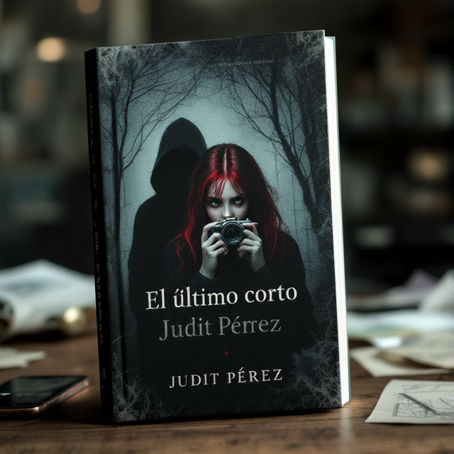 The cover features a girl with tinted red dark hair in the center, holding a film camera. Behind her, a shadowy figure is observing from the dark. Scattered papers and sketches are seen in the background, along with a phone or camera displaying a new message notification.