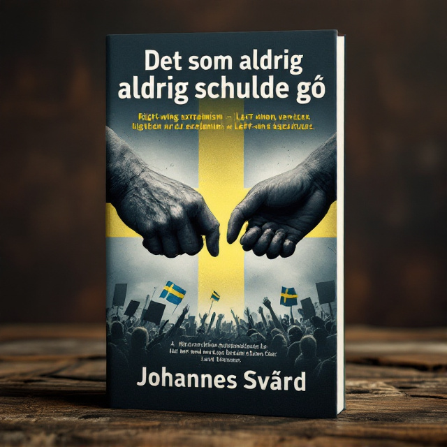 The cover features two hands, one representing right-wing extremism and the other representing left-wing extremism. The hands are reaching towards each other, symbolizing the tension and conflict between these ideologies. In the background, there is a depiction of a political demonstration, with people holding signs and waving flags. The Swedish flag is prominently displayed in the center, representing the setting of the story. The overall style is dark and gritty, reflecting the serious themes of the book.