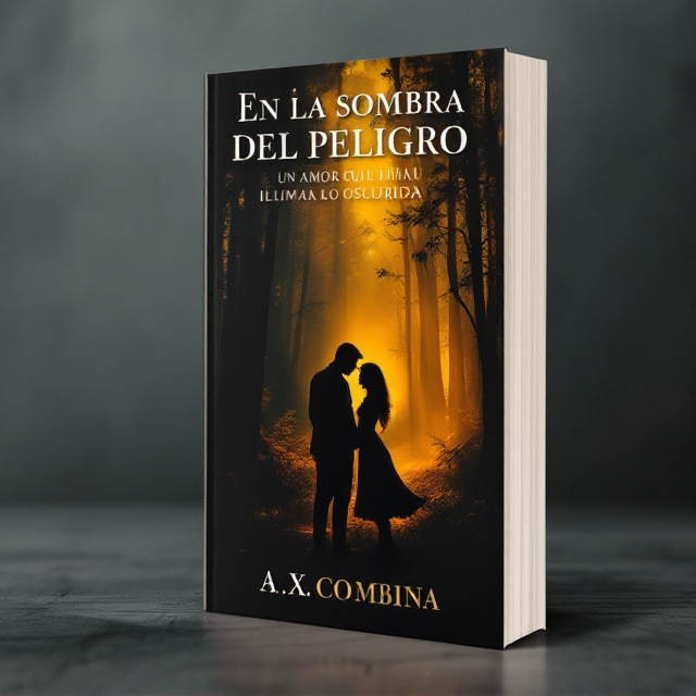 The cover features a dark and mysterious forest as the background, with rays of warm light breaking through the trees. In the foreground, there is the shadow of a couple, standing close together, their silhouettes outlined against the light. The overall style is atmospheric and evocative, capturing the intrigue and romance of the story.