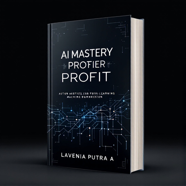 The cover features a sleek, dark background with subtle hints of digital grids and neural network lines symbolizing data and machine learning. In the center, the book title "AI MASTERY PROFIT" is displayed in bold, professional font, with a subtitle just below. At the bottom of the cover, the author's name "Lavenia Putri A" is prominently displayed.