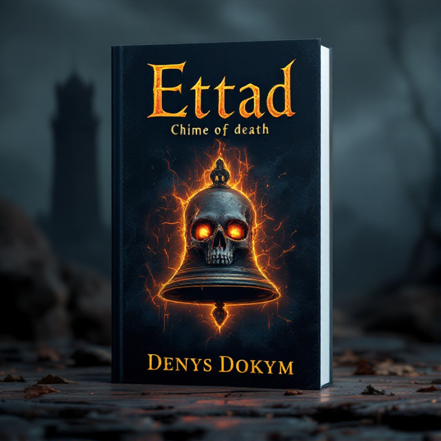 The cover features a dark background with a faint silhouette of an ancient bell tower. At the center of the cover, there is a bell in the form of a skull with fiery eye sockets, surrounded by a glowing aura. The title "Ettad" is positioned above the bell, with the subtitle "Chime of Death" below it. The author's name is displayed at the bottom of the cover.