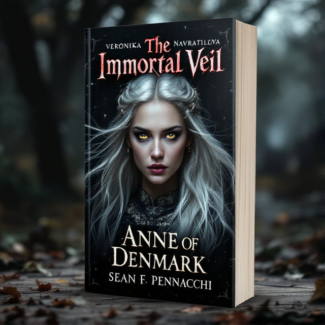 The cover features a close-up of Anne of Denmark's face, with her piercing gold eyes and long platinum hair flowing around her. The background is a dark, atmospheric park with shadows and hints of supernatural elements.
