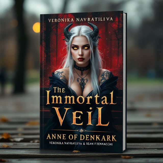 The cover features Anne of Denmark sitting on a bench in a modern-day park. Her piercing eyes are glowing gold, representing her supernatural nature. She has long platinum hair and is covered in tattoos and piercings. The background is a mix of red and black, creating a dark and mysterious atmosphere.