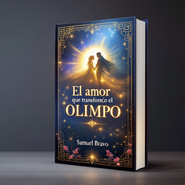 The book cover features a vertical gradient background from deep blue to purple to gold, representing the celestial journey of the story. In the center, two central figures, Eleúsion and Calliope, are depicted in a diagonal composition, radiating a golden aura and surrounded by flashes of light. Mount Olympus is depicted in the background, adding a touch of divinity. Decorative Greek elements, rising light particles, and flowers and natural elements on the base enhance the overall composition.