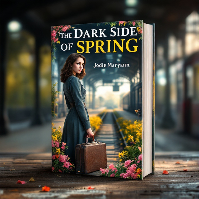 The cover features a woman in 1940 anxiously standing on a train platform with medium length brown hair. She is holding a vintage suitcase and surrounded by vibrant spring flowers. The train station is depicted in the background, setting the scene for the book's setting and atmosphere.