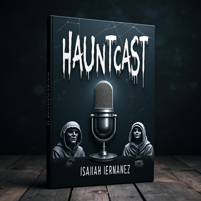 The cover features a dark and ominous podcast studio, with dim lighting and a hint of fog. The main focus is on a vintage microphone, surrounded by spiderwebs and ghostly figures. The background is black, with faint shadows and a chilling atmosphere.