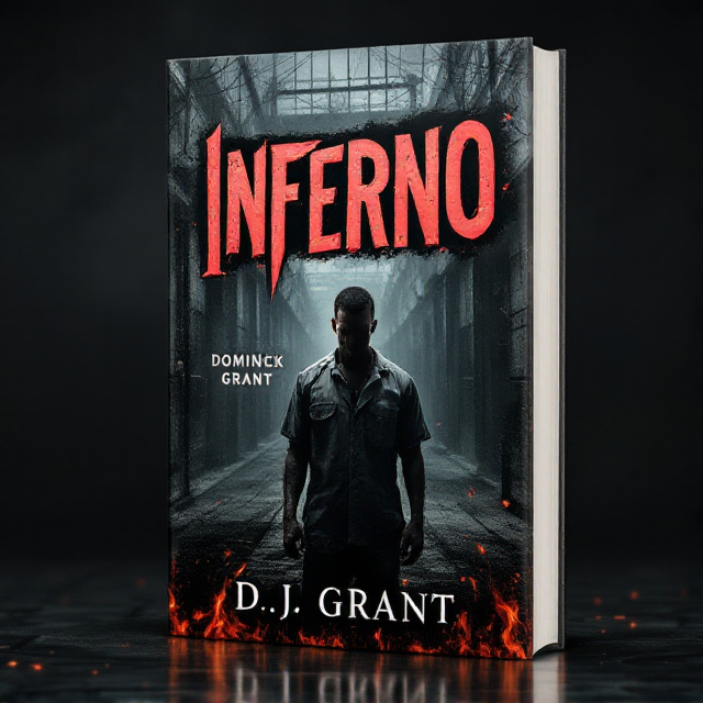 The cover features Dominick Grant standing off-center, partially silhouetted, with subtle scratches on his face and arms. He is dressed in typical prison attire, with a hidden intensity in his expression. The background consists of a dark, gritty prison scene dominated by the shadowy shapes of barbed wire, high walls, and metal bars. Subtle, dark flames or embers are placed along the bottom, evoking the "Inferno" theme without overpowering the cover.