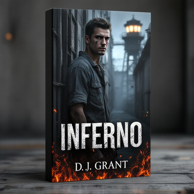 The cover features a dark, gritty prison setting with high walls, metal bars, and subtle flames or embers along the bottom. In the foreground, a young man stands partially silhouetted with a resolute yet weary expression. He has faint bruises or scratches on his face and arms, wearing rugged prison attire. The background includes a coldly lit watchtower, adding a sense of surveillance. Colors include deep blues, blacks, and grays with red and orange embers, creating a tense atmosphere.