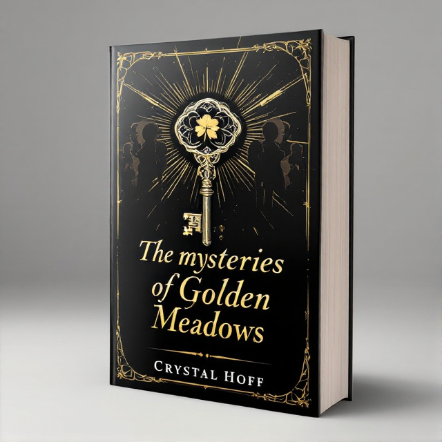 The cover features an illustration of an antique key with a clover carved into the handle, symbolizing the mysteries to be unraveled. The key is placed against a black background, with golden rays emanating from it, representing the discovery and illumination of the past. Surrounding the key are silhouettes of elderly people, depicting the nursing home setting and the new friendships formed.