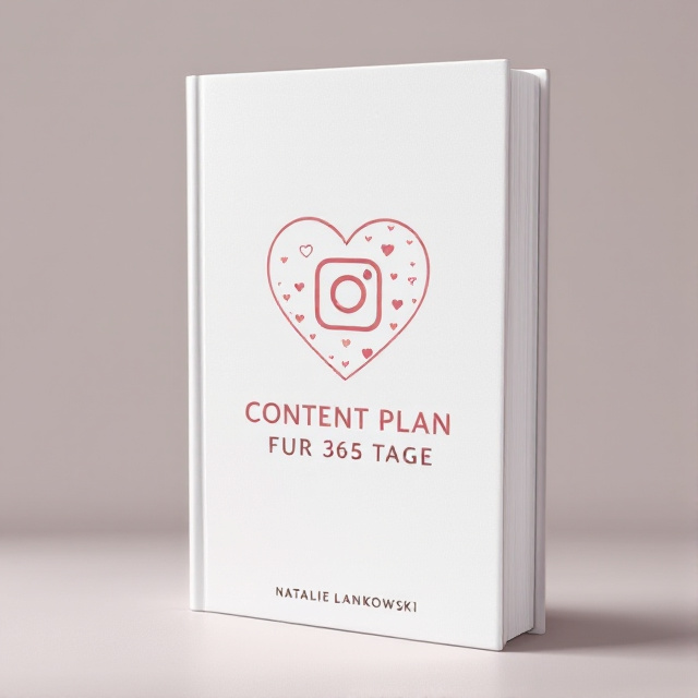 The cover features a clean and elegant design with a white background. In the center, there is a stylized Instagram logo, surrounded by a heart-shaped frame. Inside the Instagram logo, there are various likes and hearts, symbolizing the romance genre. The title "Content Plan für 365 Tage" is placed below the logo, using a light rose font color.