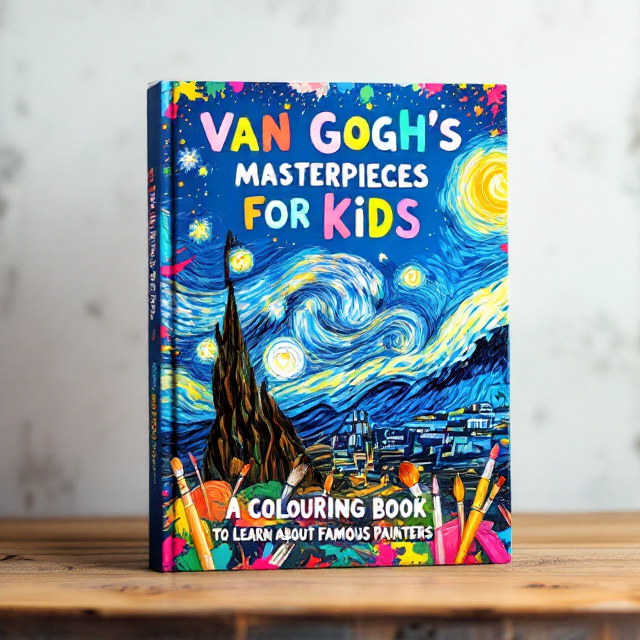 The cover features a playful and colorful illustration of Van Gogh's famous painting "Starry Night" with a child-like twist. The painting is surrounded by vibrant paint splatters and brushes, giving it a fun and interactive feel. The title "Van Gogh's Masterpieces for Kids" is prominently displayed in bold and playful typography.