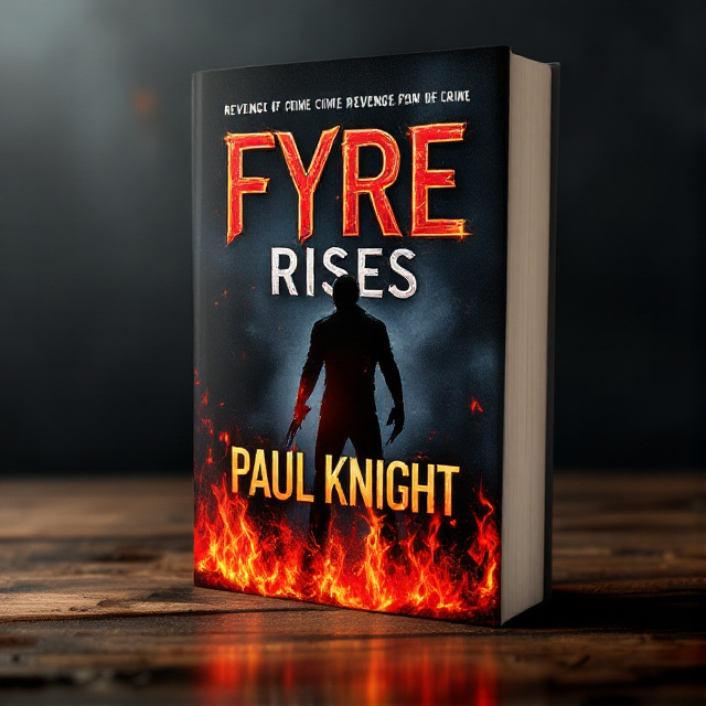 The cover features a dark, ominous background with fiery red flames rising from the bottom. In the center, there is a silhouette of a person in action, representing the theme of revenge and crime. The person is holding a weapon, adding to the sense of danger and action.