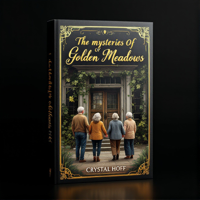 An illustration of an abandoned nursing home building with vines and clovers covering the doors. The building is surrounded by a gold frame, and in the foreground, there are four elderly people holding hands, symbolizing friendship.
