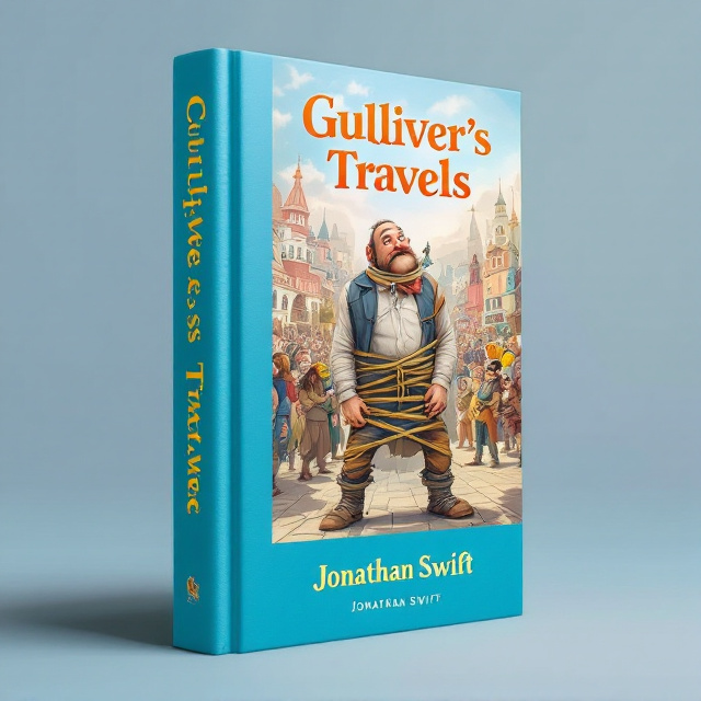 The cover features a large image of Gulliver tied up by the Lilliputians, with vibrant Lilliputian buildings and people in the background. Gulliver appears amused, capturing the whimsical and humorous tone of the book.