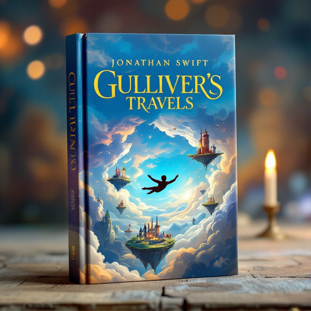 The cover showcases Gulliver floating in the sky of Laputa, surrounded by floating islands and scientific experiments. The vibrant and colorful sky in the background adds a sense of wonder and adventure to the scene.