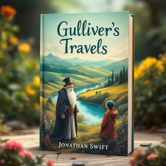 The cover features Gulliver standing in a lush, tranquil countryside background, surrounded by rolling hills and a sparkling blue river. In the foreground, a wise and contemplative Houyhnhnm engages in conversation with Gulliver. The color palette consists of natural greens, blues, and soft browns, creating a peaceful and harmonious atmosphere.