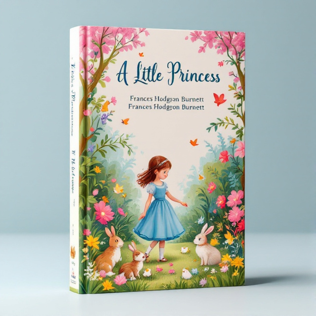 A Little Princess written in elegant cursive font at the top of the cover, with vibrant pinks, greens, and blues forming a whimsical garden background. In the center, Sara is depicted surrounded by little birds and rabbits, exploring and playing in the garden.