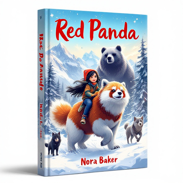 The cover features a vibrant illustration of a red panda and a young human girl with black hair riding a large and fluffy snow cat. On either side of them are a young black wolf and a gray wolf. Behind them, there are snow-capped mountains and a snowy forest. In the forest, a large and menacing bear-like silhouette lurks. The overall style is magical and adventurous, with elements of fantasy and nature.